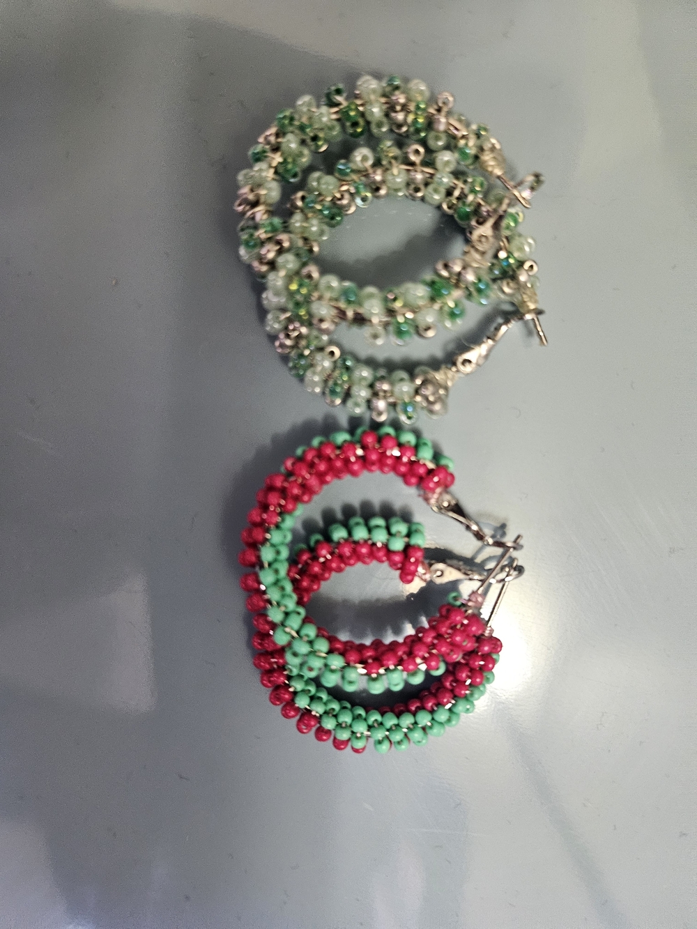 Handcrafted Beaded Hoop Earrings - Pink & Green